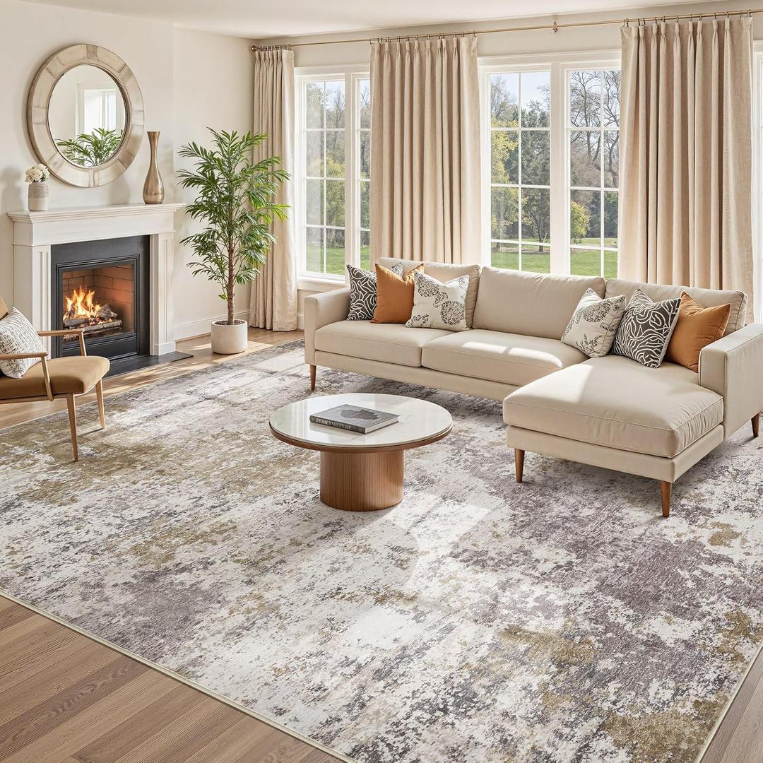 8x10 Washable Living Room Rug: Non-Slip Modern Abstract Area Rug for Bedroom Dining Room, Soft Low Pile Carpet Suitable for Families with Children, Brown/Grey