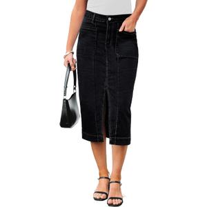 luvamia Jean Skirts for Women Denim Trendy Casual Stretchy High Waisted Midi Front Pockets Below Knee Skirt with Slit, small
