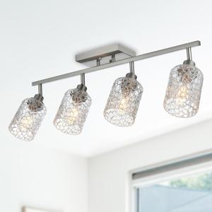 4 Light Semi Flush Mount Ceiling Light with Directional Rotatable Heads, Clear Glass Shades Modern Bathroom Vanity Lighting in Brushed Nickel Finish Track Lighting Kit Spotlight