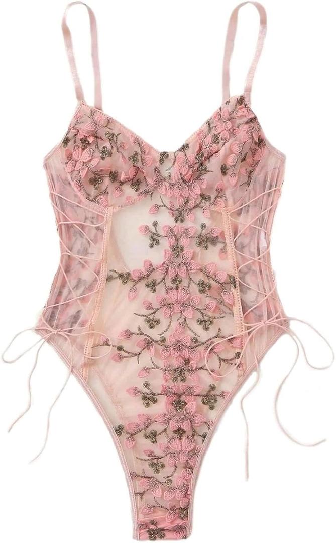 Lilosy Women Sexy Lace Up Floral Embroidered Teddy Lingerie Bodysuit Top Mesh Sheer One Piece (Medium, Pink)