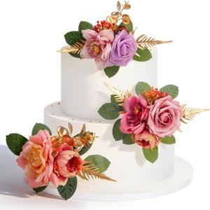 Cake Topper Flowers 3 Piece, Pre-made Flower Cake Decorations Cake Topper Artificial Rose Flowers for Fall Wedding Cake Decor Baby Shower Birthday Party(Purple Champagne)