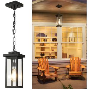 tewei 12.8'' Modern Outdoor Pendant Light, 1-Light Outdoor Hanging Lantern Light, Dusk to Dawn Matte Black Exterior Hanging Porch Light Fixture with Clear Glass, Outdoor Pendant Lights for Entryway