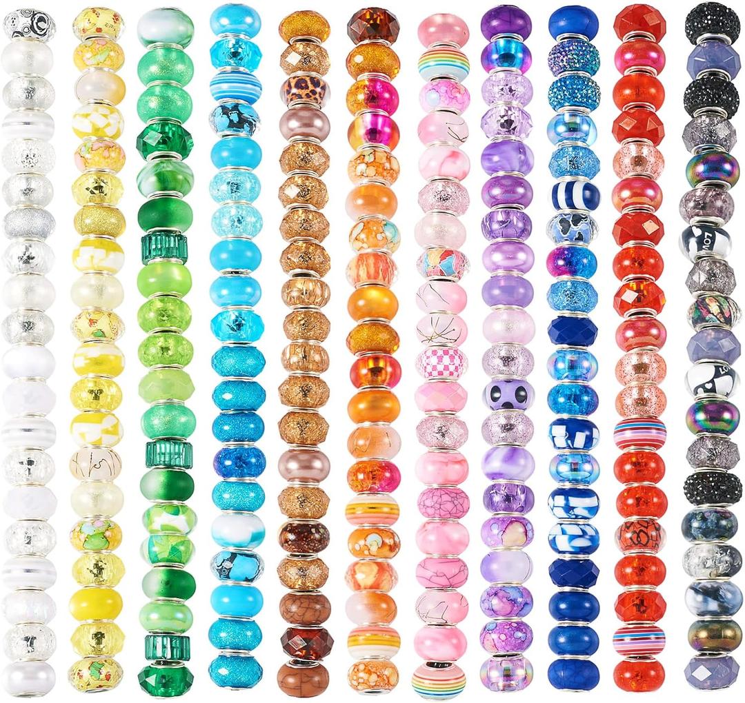 Beadthovne 220Pcs Assorted European Large Hole Beads for Bracelets, Mix Fairy Wands Beads Rondelle Resin Rhinestone Charm Craft Beads Bulk for Jewelry Making DIY Pens Charms Bracelet Necklace