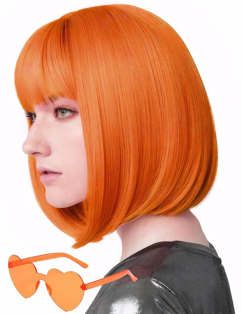 Wig and Sunglasses 12 Inch Short Bob Wigs with Bangs for Women Costume Cosplay Party (Orange)