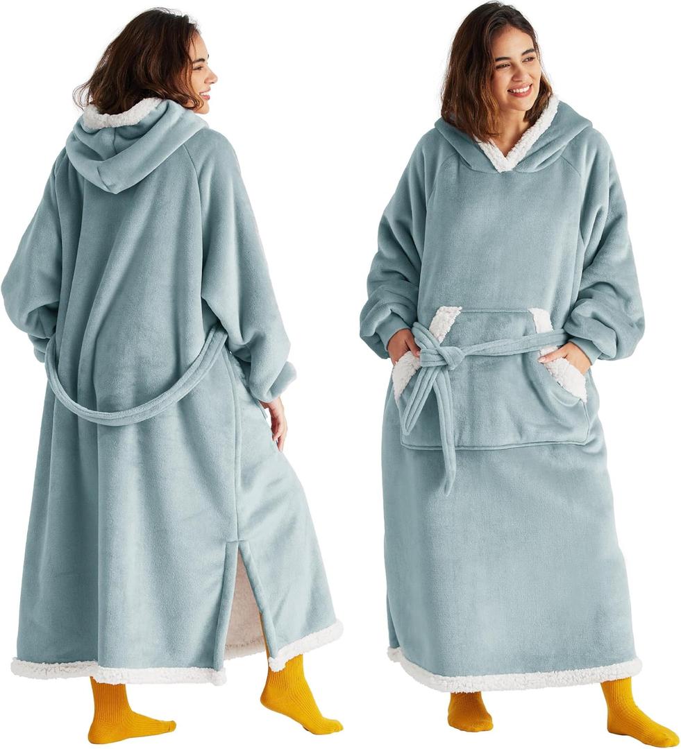 Bedsure Wearable Blanket Hoodie, Long Hooded Blanket Sweatshirt as Birthday Gifts for Women, Cozy Sherpa Hoodie for Adult, Standard, Light Green