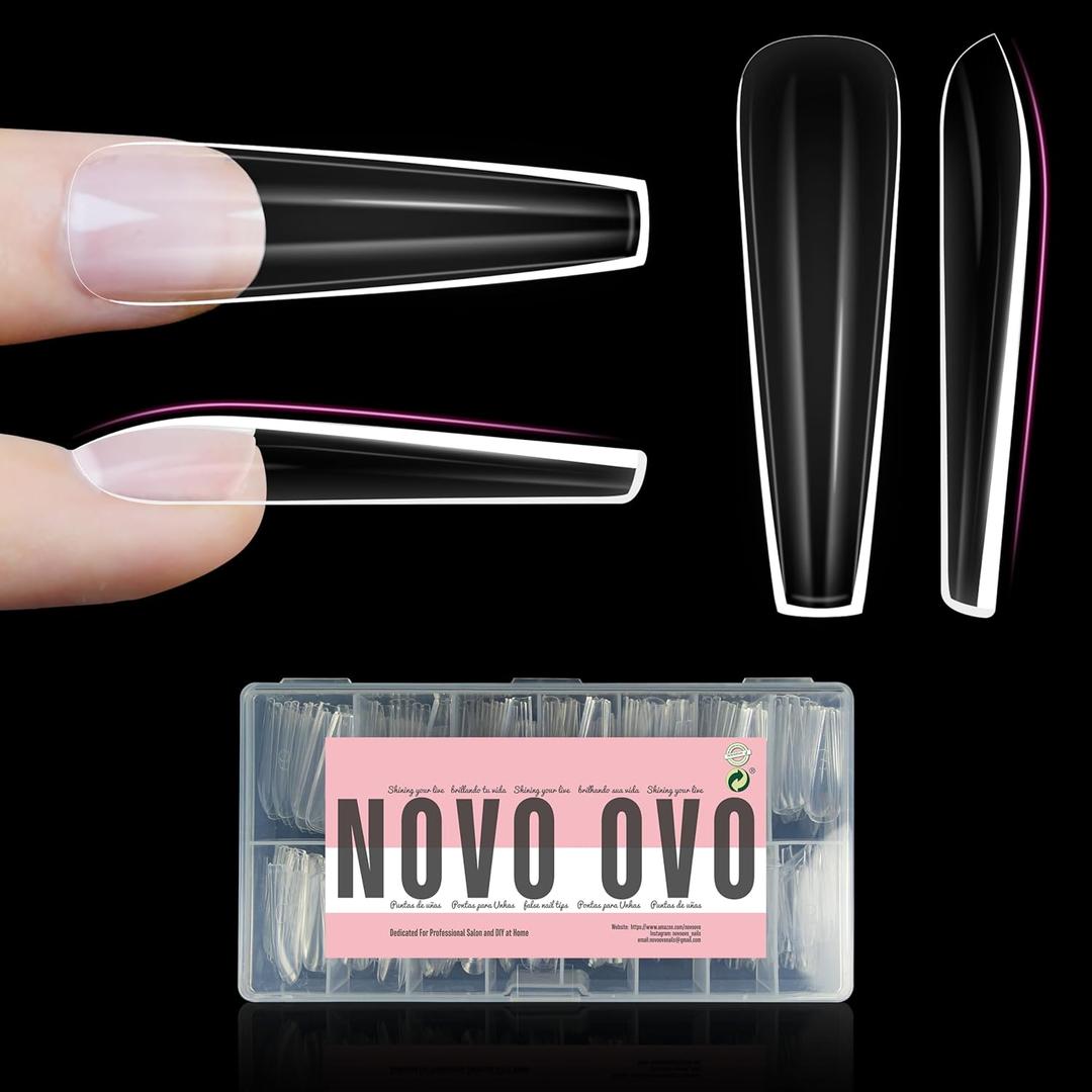 NOVO OVO Sculpted XXL Coffin Nail Tip for Curved Nail Beds, Extra Thick Long False Nails Press on, Full Cover Soft Gel Extension Fake Nail for Acrylic kit, Clear X 15 Sizes 300pcs