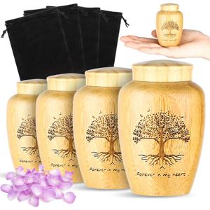 Beeveer 4 Sets Small Urn for Human Ashes Mini Urns with Tree Pattern Engraved Biodegradable Bamboo Cremation Urns for Pet Ashes with Black Velvet Bags