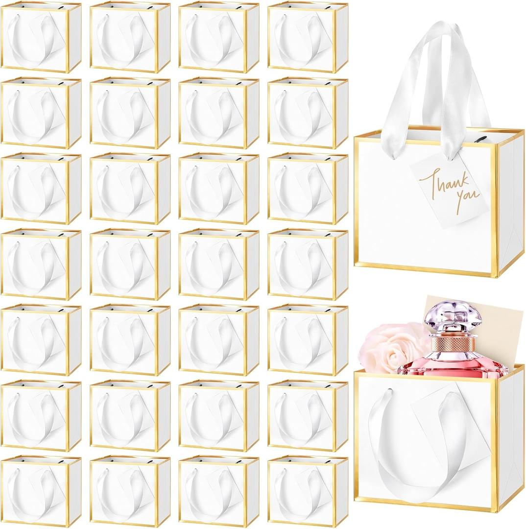 Yeaqee 50 Pcs Mini Metallic Gift Bags with Handles 4x4.75x2.25'' Tiny Thank You Favor Bag with Tag for Women's Day St. Patrick's Wedding Spring Easter Welcome Baby Shower Birthday (White,Gold)