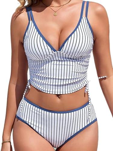 RIHOAS Women's Tankini Swimsuits Tummy Control Two Piece Bathing Suits Drawstring Cropped Top with High Waisted Bottom Navy Stripe, XL