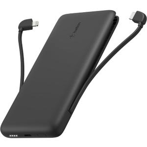 Belkin Portable Charger, Power Bank 10,000mAh, 23W w/Integrated Lightning Cable & USB-C Cable - iPhone Charger Battery Pack for Apple iPhone 16, 15, 14, Galaxy S25, Pixel 9, Travel Essentials - Black