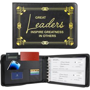 7 Ring Zippered Business Checkbook Binder, Premium PU Leather Check Book Cover with 600 Check Capacity, 2 Loose-Leaf Binder Pockets, Document Card Organizer Portfolio Holder for 9x13 Inch Sheets (Black-great Leader)
