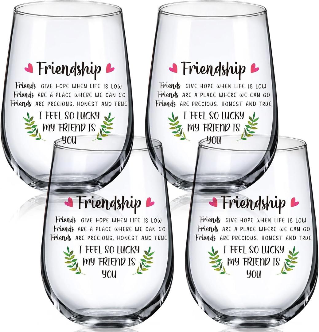 4 Pack 17oz Friendship Wine Glasses Galentines Day Gifts for Friend Group Women Stemless Wine Glass Best Friend Birthday Valentines Day Gifts for Women Bestie