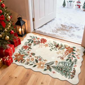 Lahome Floral Christmas Rug, 2x3 Kitchen Christmas Rugs for Entryway Ultra-Thin Washable Christmas Rugs Indoor,Soft Door Mat Indoor Entrance Holiday Carpet for Entry Bedroom, Beige/Multi