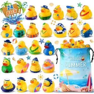 24 Pcs Summer Rubber Ducks with a Bag, Ducks for Jeeps, Assorted Beach Toys for Duckies Games, Summer Gifts Prizes for Kids, Summer Party Favors, Swimming Pool Water Bath Toys