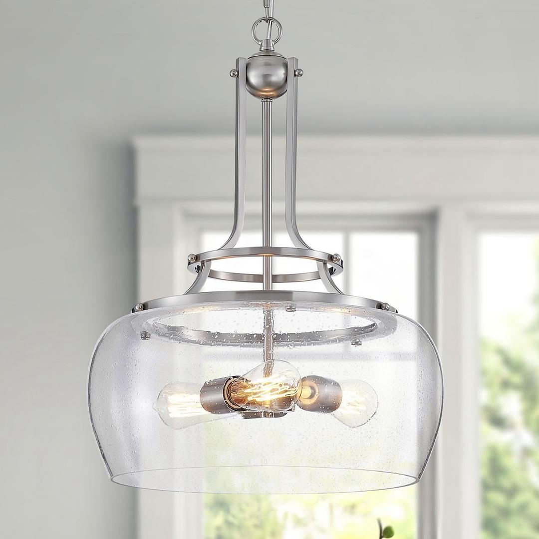 WUZUPS Chandelier Rustic Farmhouse Industrial Round Ceiling Pendant LED Light Fixture Clear Seeded Glass Shade for Dining Room Kitchen Island Foyer Entryway, H 20.9" x W 15.9", Brushed Nickel (Pendant Light, Brushed Nickel, 3-Light)