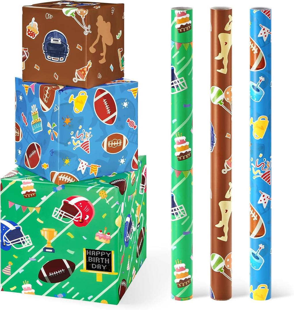 WERNNSAI Football Wrapping Paper Rolls - 3 Short Rolls Sports Gift Wrap Paper Kids for Kids Birthday Party Gift Packing Supply Green Brown Blue Wrapping Paper with Cut Lines 17 in x 10 ft