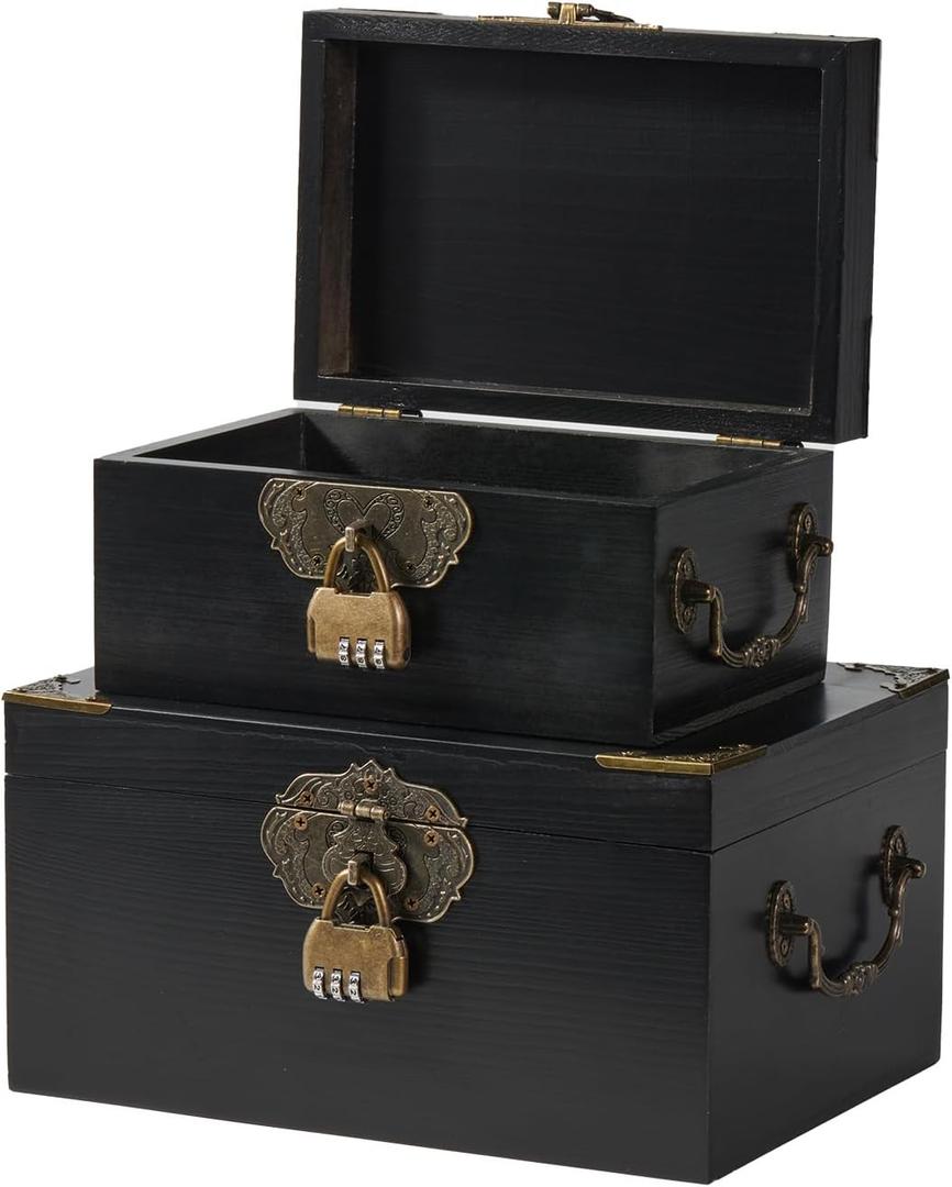 2PCS Wooden Decorative Storage Box with Lids Handmade Memory Box for keepsakes Metal Handle Treasure Chest Vintage Wood Baskets with Code Lock Jewelry Box Desk Organizer Container, Black
