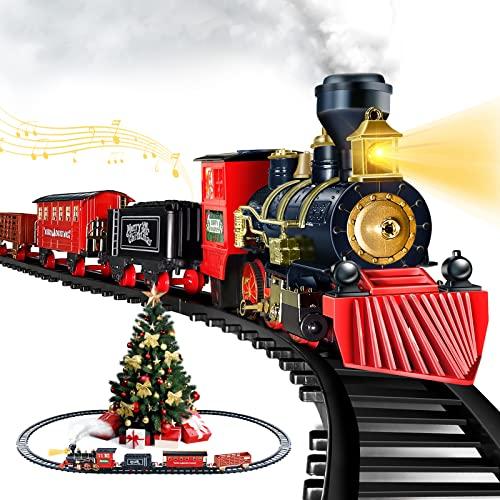 Shemira Christmas Train Set, Train Toys for Boys Girls,Toy Train with Light Smoke and Sound, Steam Train Set for Around Christmas Tree, Toys Gifts for 3 4 5 6 7 8+ Year Old Kids