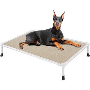 Veehoo Chew Proof Elevated Dog Bed - Cooling Raised Pet Cot - Silver Aluminum Frame and Durable Textilene Mesh Fabric, Unique Designed No-Slip Feet for Indoor or Outdoor Use, Beige Coffee, X Large (49.0"L x 33.0"W x 9.0"Th)