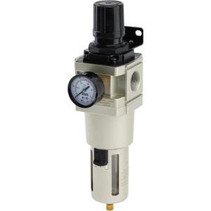 SNS 1NPT Compressed Air Filter Regulator Piggyback Combo, Semi-auto Drain, 5 Micron Brass Filter, Gauge and Bracket, Poly Bowl with Metal Guard AW5000-N10A