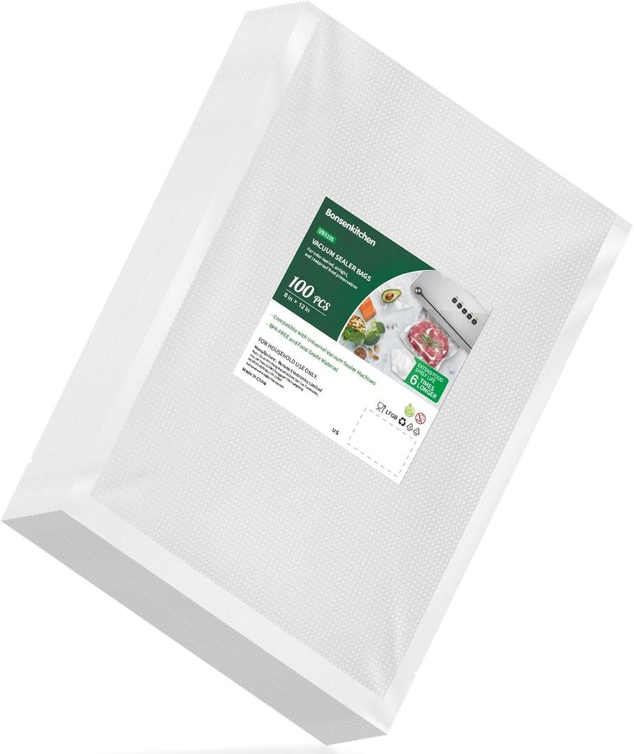 Bonsenkitchen Precut Vacuum Bags 100 Quart 8" x 12", BPA Free, Commercial Grade Textured Food Sealer Bag, Thick Embossed Bags for Storage and Sous Vide Cooking VB3205 (Quart Size 8" x 12'' (100count))