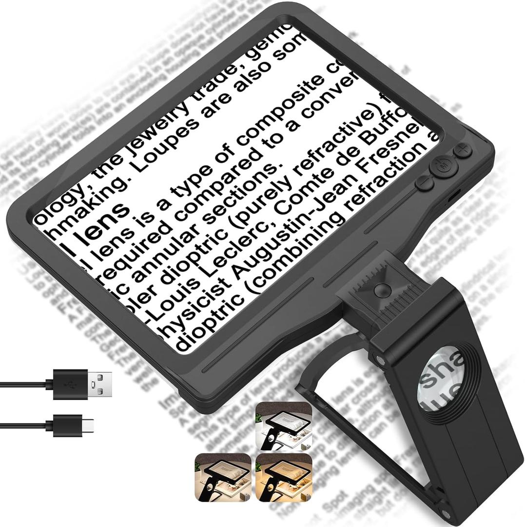 30X 6X Rechargeable Magnifying Glass for Reading, Large Full Page Magnifier with Folding Stand, 3 Color Light Modes, Dimmable LED Lighted, Hands Free Book Magnifier for Fine Prints Low Vision Seniors