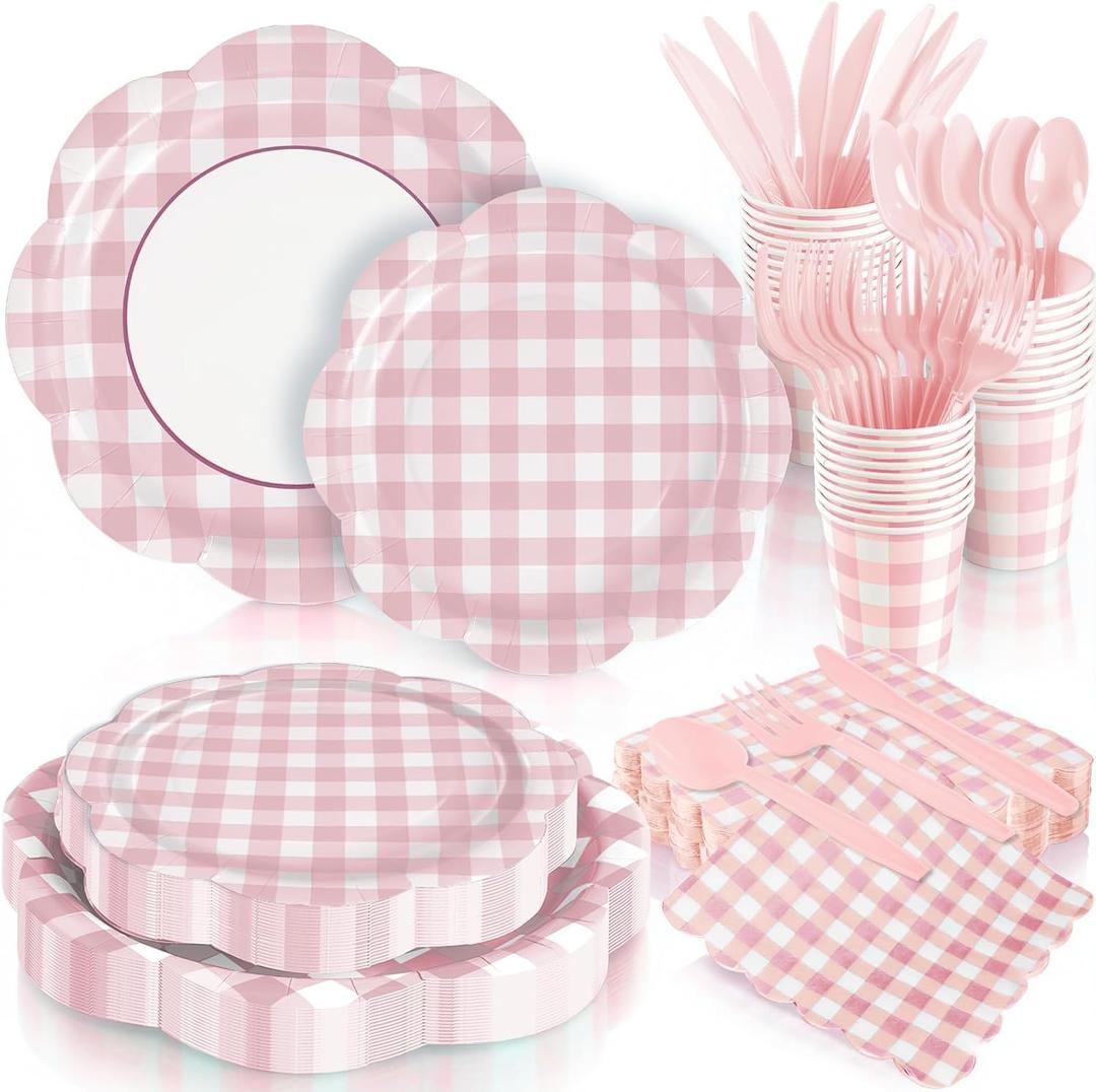 168Pcs Pink Gingham Plates and Napkins Party Supplies, Scalloped Checkered Disposable Mother's Day Paper Plates Set with Napkins Cups Plastic Cutlery for Birthday Wedding Baby Shower Party Supplies