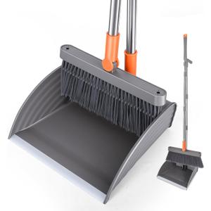 Broom and Dustpan Set, Self Cleaning with Metal Dustpan Teeth, Indoor&Outdoor Sweeping, Ideal for Dog Cat Pets Home Use, Stand Up Broom and Dustpan, Orange&Grey