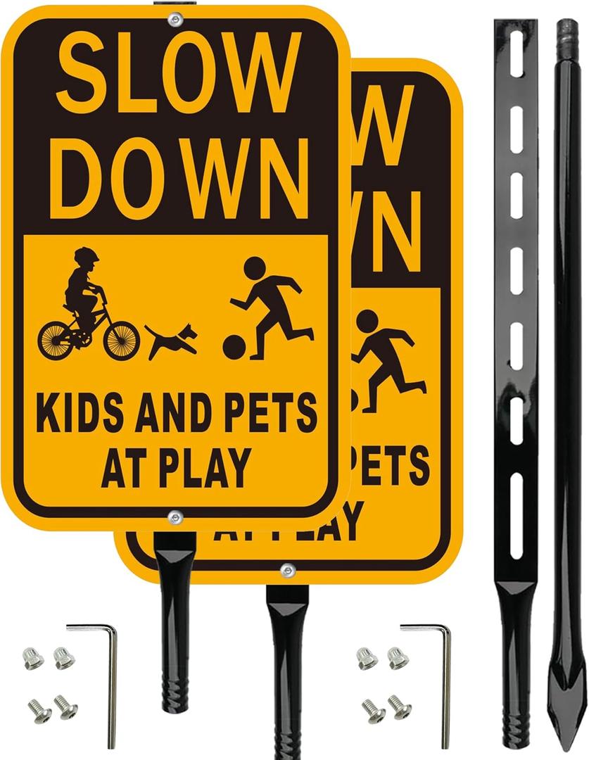 Slow Down Kids at Play Safety Signs, Yellow and Black, Reflective Aluminum, 14x10 Inches, 2 Pack with 36-Inch Metal Stakes