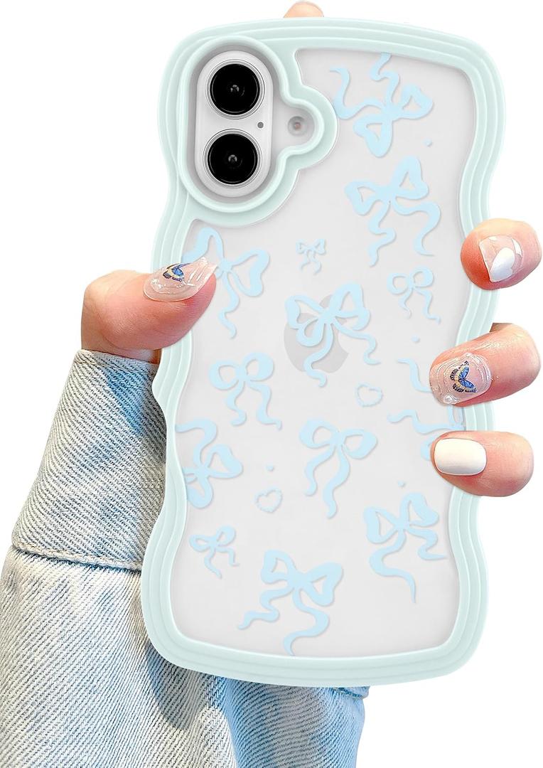 Aitipy for iPhone 16 Plus Case, Wavy Frame Cute Ribbon Bowknot Pattern Aesthetic Transparent Back Soft TPU Shockproof Phone Case for Women Girls, Blue