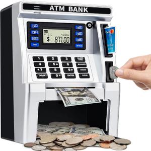 ATM Piggy Bank for Kids, ATM Machine for Real Money with Debit Card, Bill Feeder, Coin Recognition, Balance Calculator, Electronic Savings Safe Box, Gifts for Teen Boys Girls, Medium