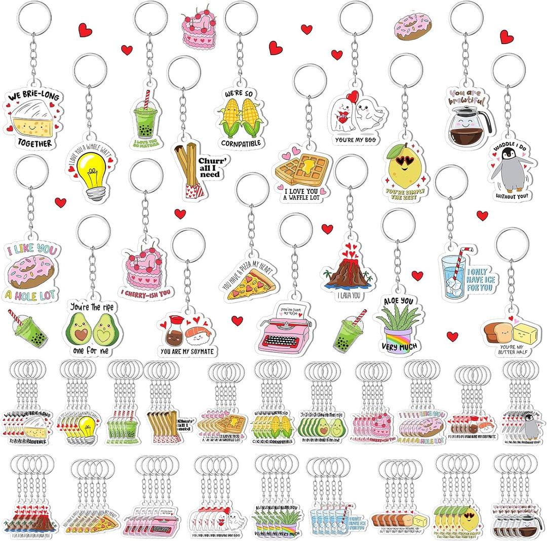 100Pcs Valentine's Day Keychains Gifts Bulk, Funny Heart-Shaped Acrylic Keychains Cute Love Heart Cartoon Printed Keyring Gifts for Valentine Goody Bag Fillers, Wedding Anniversary Party