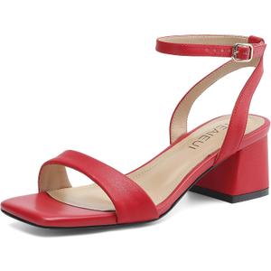 TEAIEUI Chunky Block Heels for Women, Square Open Toe Buckle Heeled Sandals, Strappy Ankle Strap Shoes for Dress, Evening, Daily, Party, Prom, Low Heel (11, Red, XL)