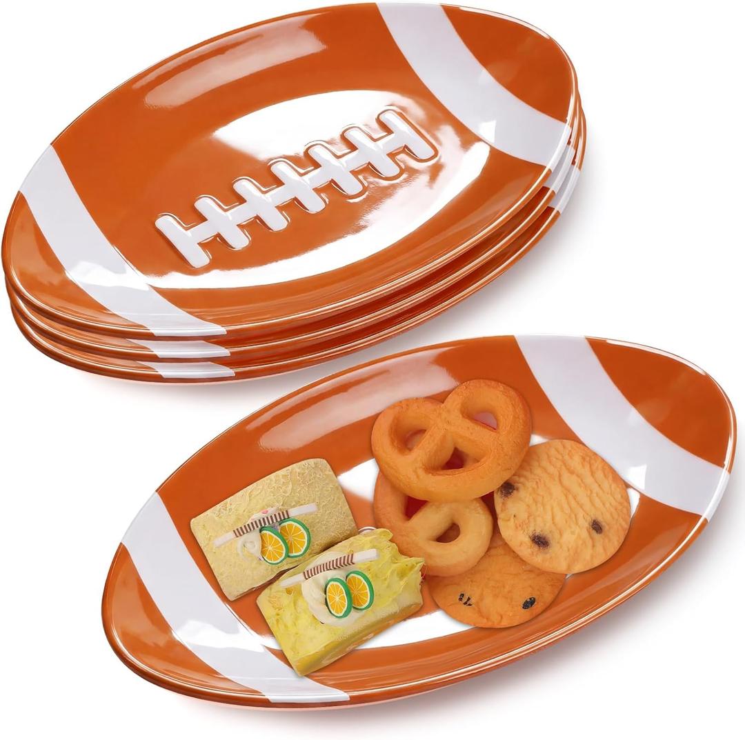 4 Pcs Football Serving Tray Melamine Football Plates Reusable Party Serving Dishes for Snacks Cookies Dessert Dishwasher Safe