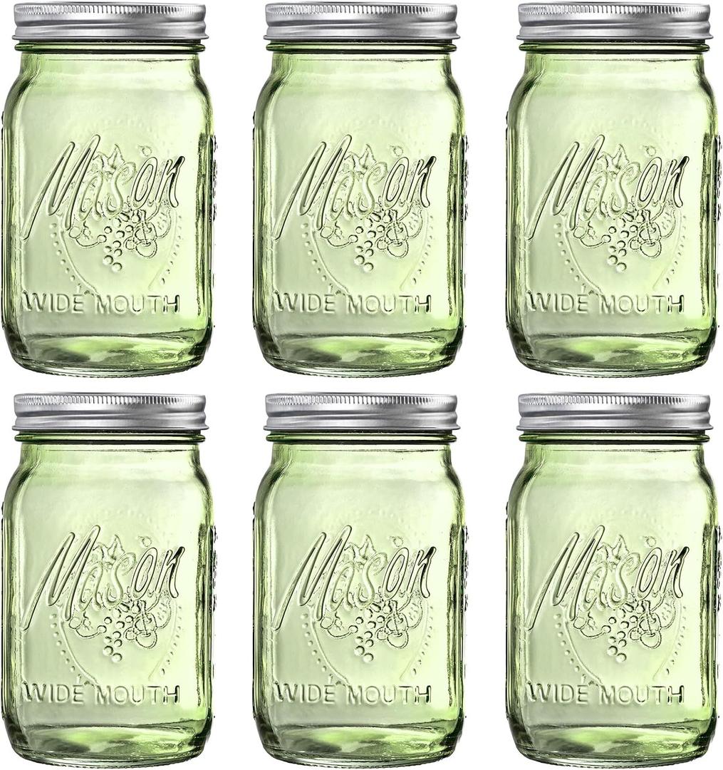 WELLIFE Mason Jars 32 oz - 6 Pack Green Large Mason Jars Wide Mouth,Glass Jar with Lid for Canning, Pickling, Food Storage, Fermenting, DIY Crafts & Decor, Reusable