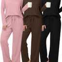 3 x 3 Pack Women's Pajama Set Long Sleeve Pajamas Top and Pants Soft V Neck Lightweight Pjs Set Comfy Loungewear Summer (Black, Pink, Brown, L)