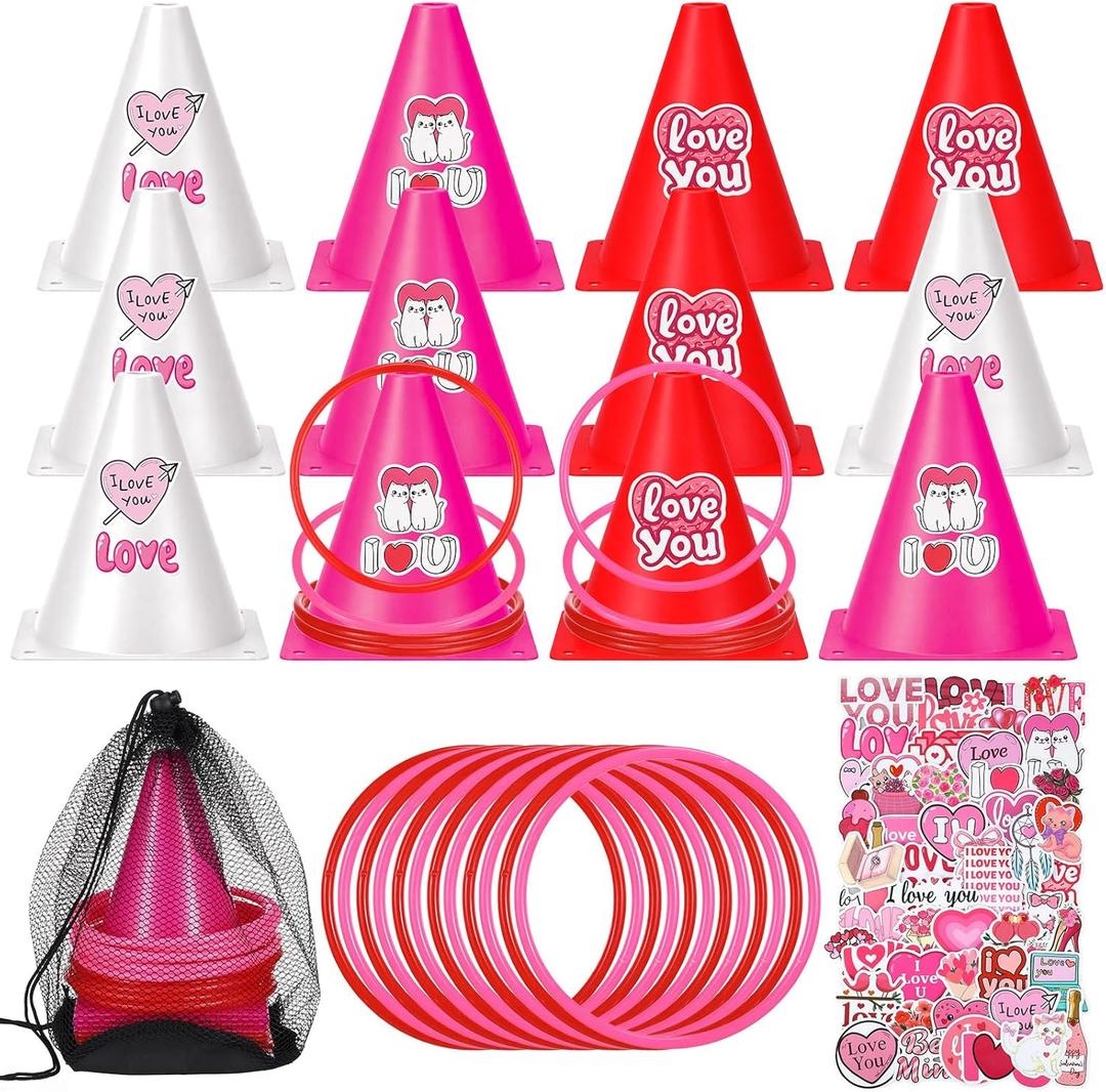 12 Set Valentines Day Ring Toss Games with Plastic Cones and Rings Stickers Storage Bags Valentines Galentines Day Party Games Red Pink Ring Toss Combo Set for Indoor Outdoor Party Supplies