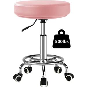 Adjustable Rolling Stool with Wheels Heavy Duty 500lb Round RollingStool with Footrest, Patent Leather Drafting Stool Chair with Wheels Work Spa Salon Seat, Pink