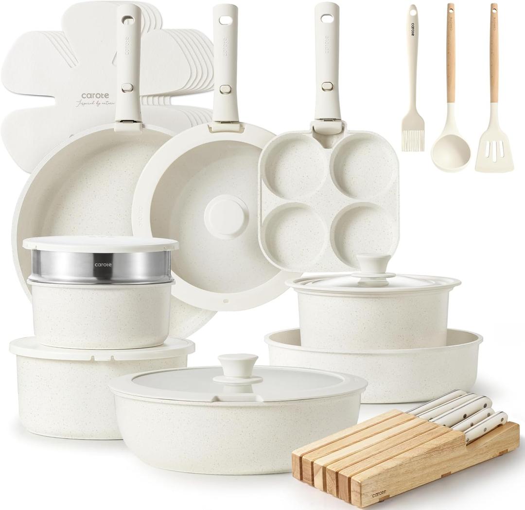 CAROTE 33pcs Pots and Pans Set Non Stick, Cookware Set, Removable Handle Pots and Pans Nonstick, RV Oven Safe Cookware, Induction Kitchen Cookware Set, Knife Set, Cream White
