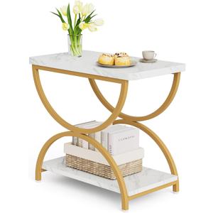 LITTLE TREE 2 Tiers End Side Table with C-Shapped Metal Frame, Faux Marble Chairside Tables Living Room, 2-Tier Nightstand Bedside Table for Bedroom (15.75 D x 23.62 W x 23.62 H Inch, White Faux Marble)