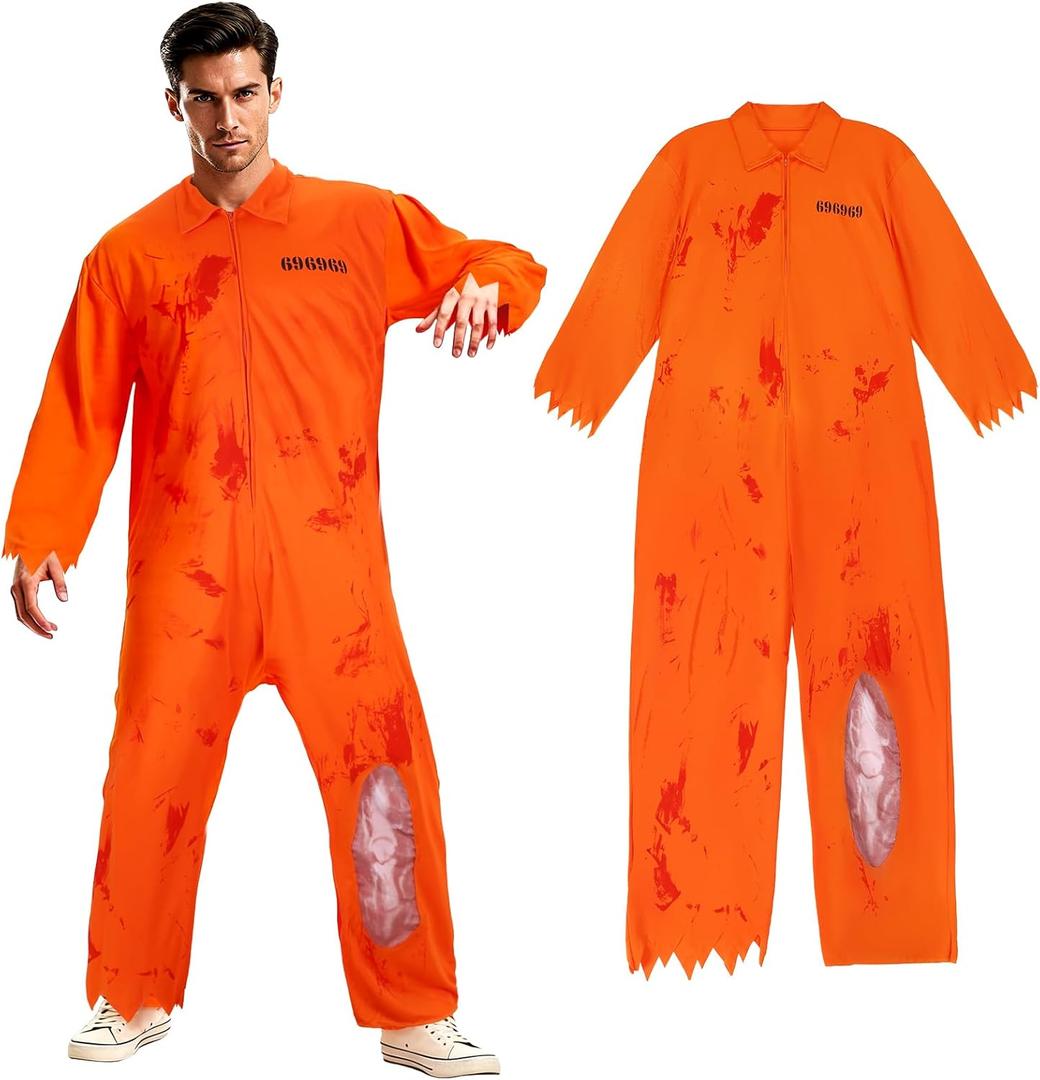 Adult Prisoner Jumpsuit Men Women Jail Costume Inmate Outfit with Criminal Accessories Halloween Cosplay Props (Large)