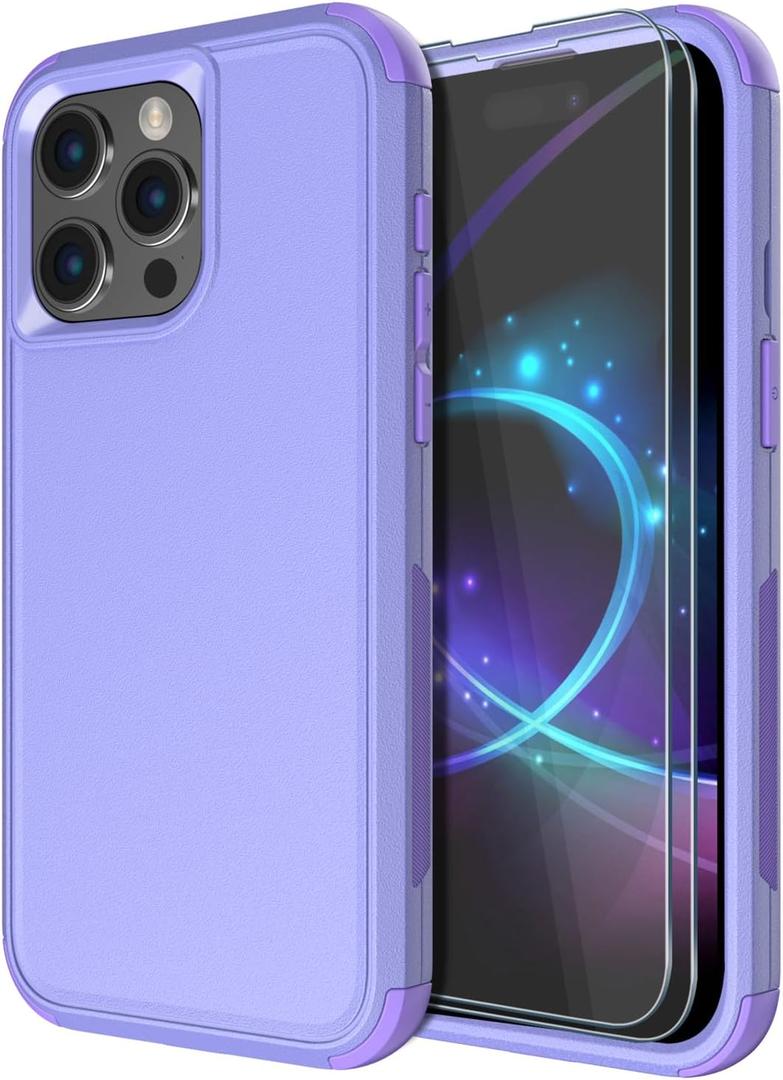 Diverbox for iPhone 15 Pro Case [Shockproof] [Dropproof] [Tempered Glass Screen Protector ],Heavy Duty Protection Phone Case Cover for Apple iPhone 15 Pro 6.1 inch (Purple)