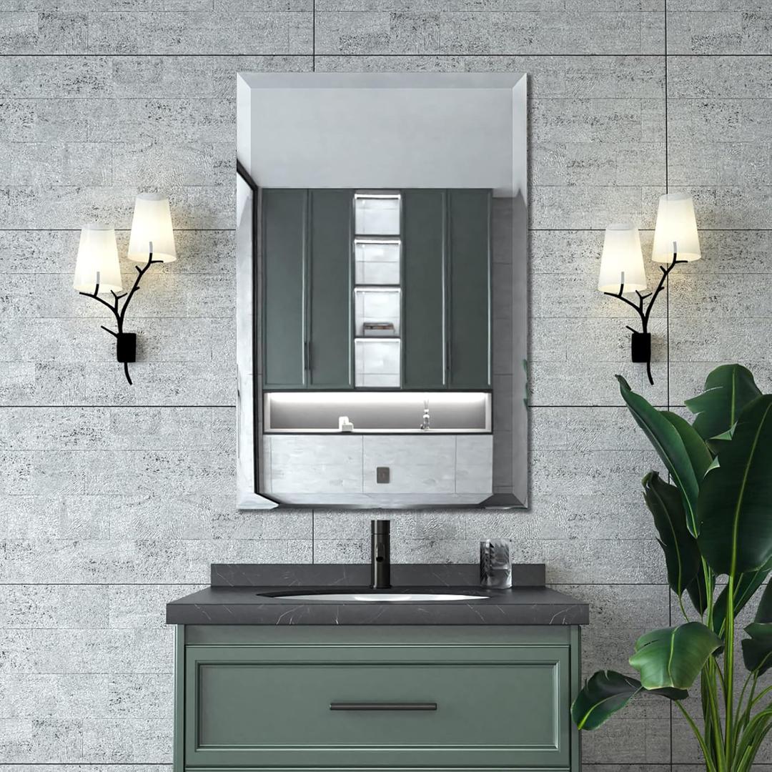Mirrorons Beveled Mirror, Bathroom Mirrors for Wall 24" x 36", Frameless Rectangle Bathroom Mirror with Beveled Edge, Hangs Horizontally or Vertically