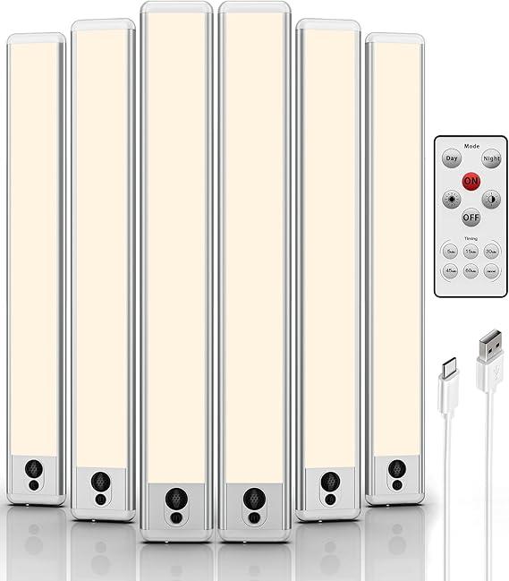 EZVALO Under Cabinet Lights,14.5'' Motion Sensor Light Indoor Dimmable, 4000mAh Rechargeable Closet Lights 3500K with Remote Control, Wireless Under Counter Light for Kitchen,Cabinet (Warm6Pack)