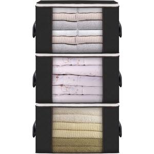 Large Storage Bags, 3 Pack Clothes Storage Bins Foldable Closet Organizers Storage Containers with Durable Handles Thick Fabric for Blanket Comforter Clothing Bedding 90 L (Black)