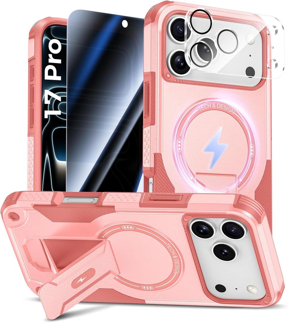 Goton for iPhone 17 Pro Case with Privacy Tempered Glass Screen Protector & Camera Lens Protector, Compatible with MagSafe, Invisible Kickstand, Shockproof Phone Cover, Pink