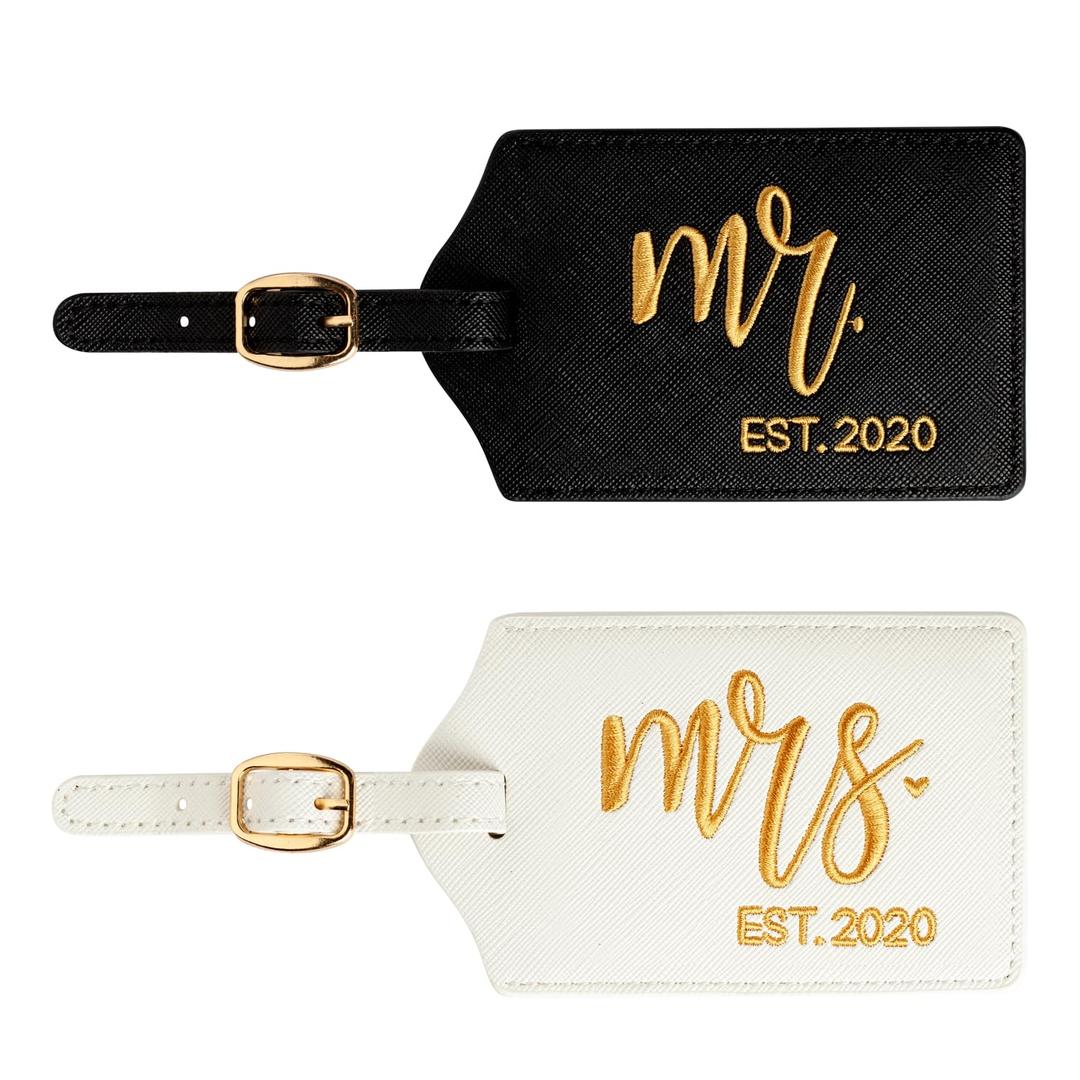 Couples Luggage Tags Set, PU Leather Embroidered Bag Tags for Suitcases & Travel Bags, Matching Travel Tag Wedding Gift (Mr Mrs-Black White Gold-2020)