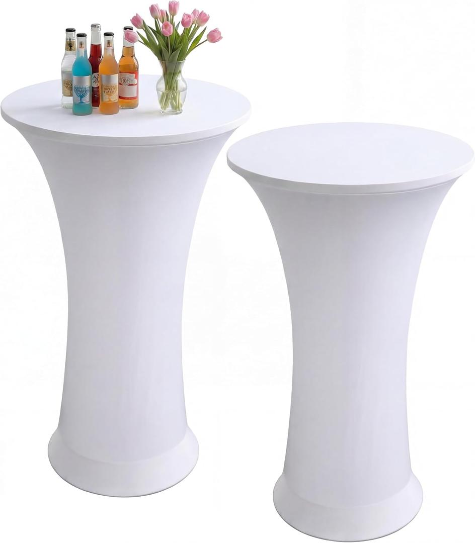 Cocktail Spandex Round Tablecloth, 2 Pack 24"x43" Highboy Fitted Stretch Cocktail Table Covers High Top Table Cloth for Banquet Wedding Bar Party - White
