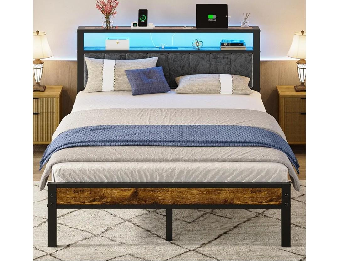 Queen Size Bed Frame with 2-Tier Storage Shelves Headboard, Platform Bed with Charging Station, LED Lights No Box Spring Needed Noise Free