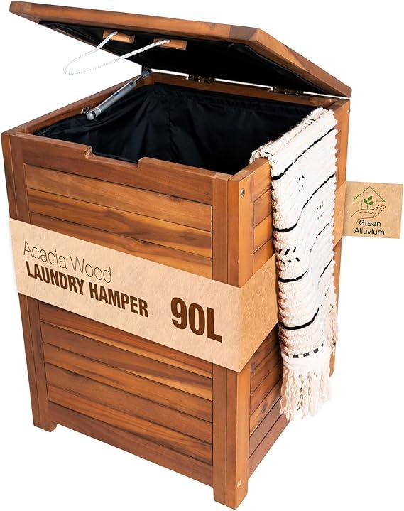 Wooden Laundry Hamper With Lid, Handles And Removable Liner Bag, Tall 90L - Large Wood Laundry Basket - Dirty Clothes Hamper For Bed Room Aesthetic, Bathroom, Laundry Room